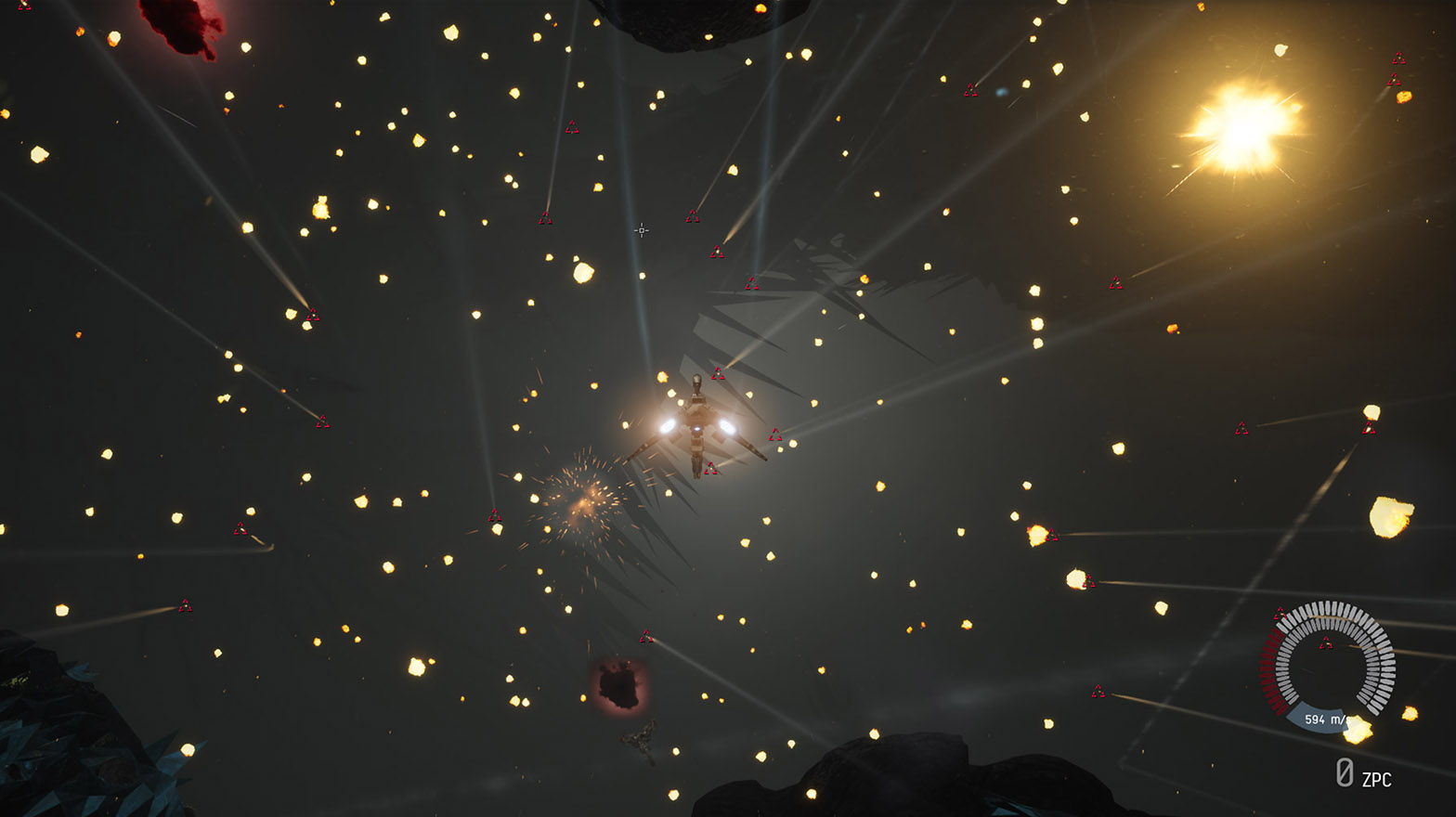 Gameplay showing ships in space with HUD and targeting