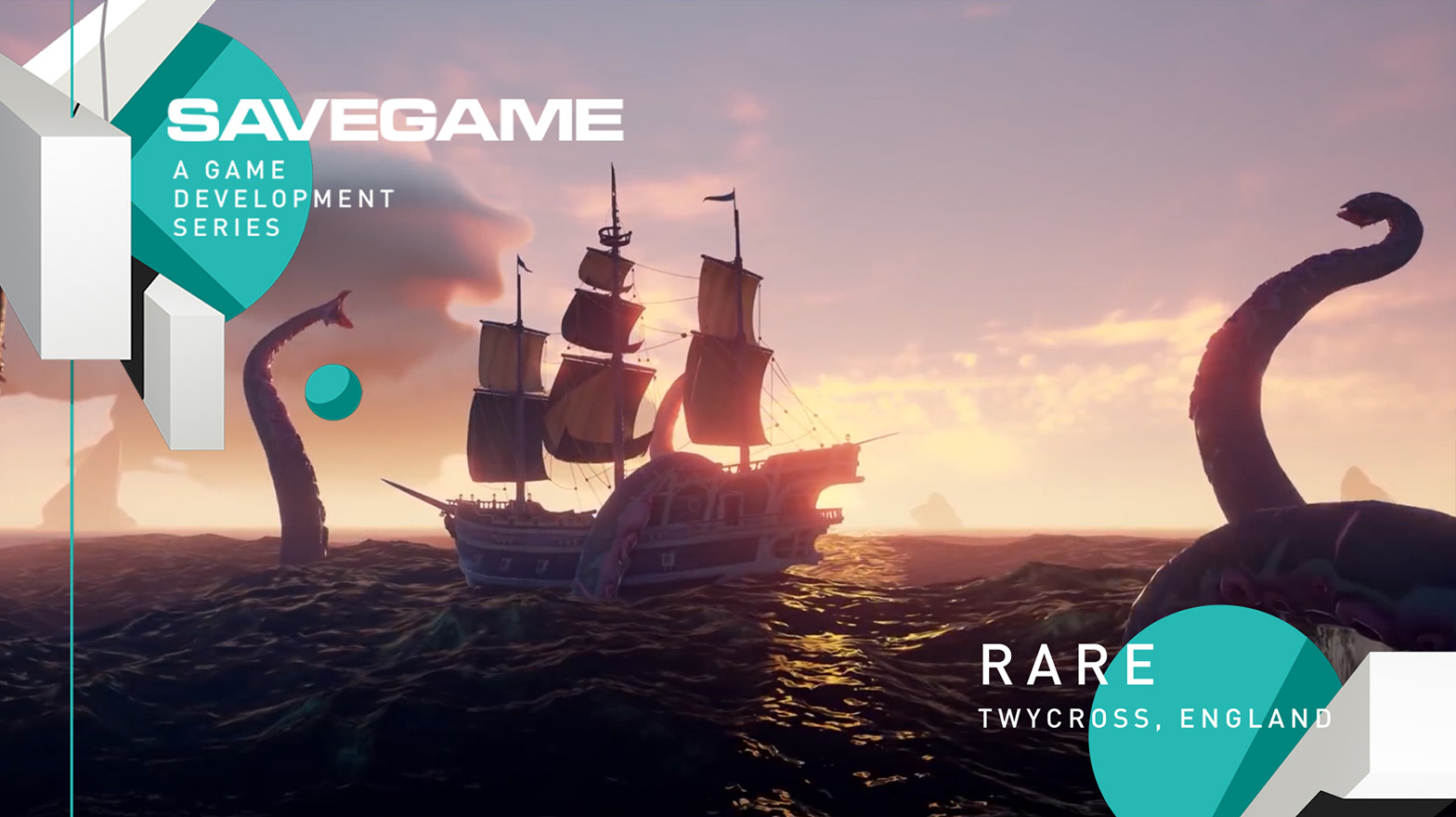 "Save Game A Development Series Rare Twycross, England" text with image of colonial ship fighting a giant octopus in the ocean
