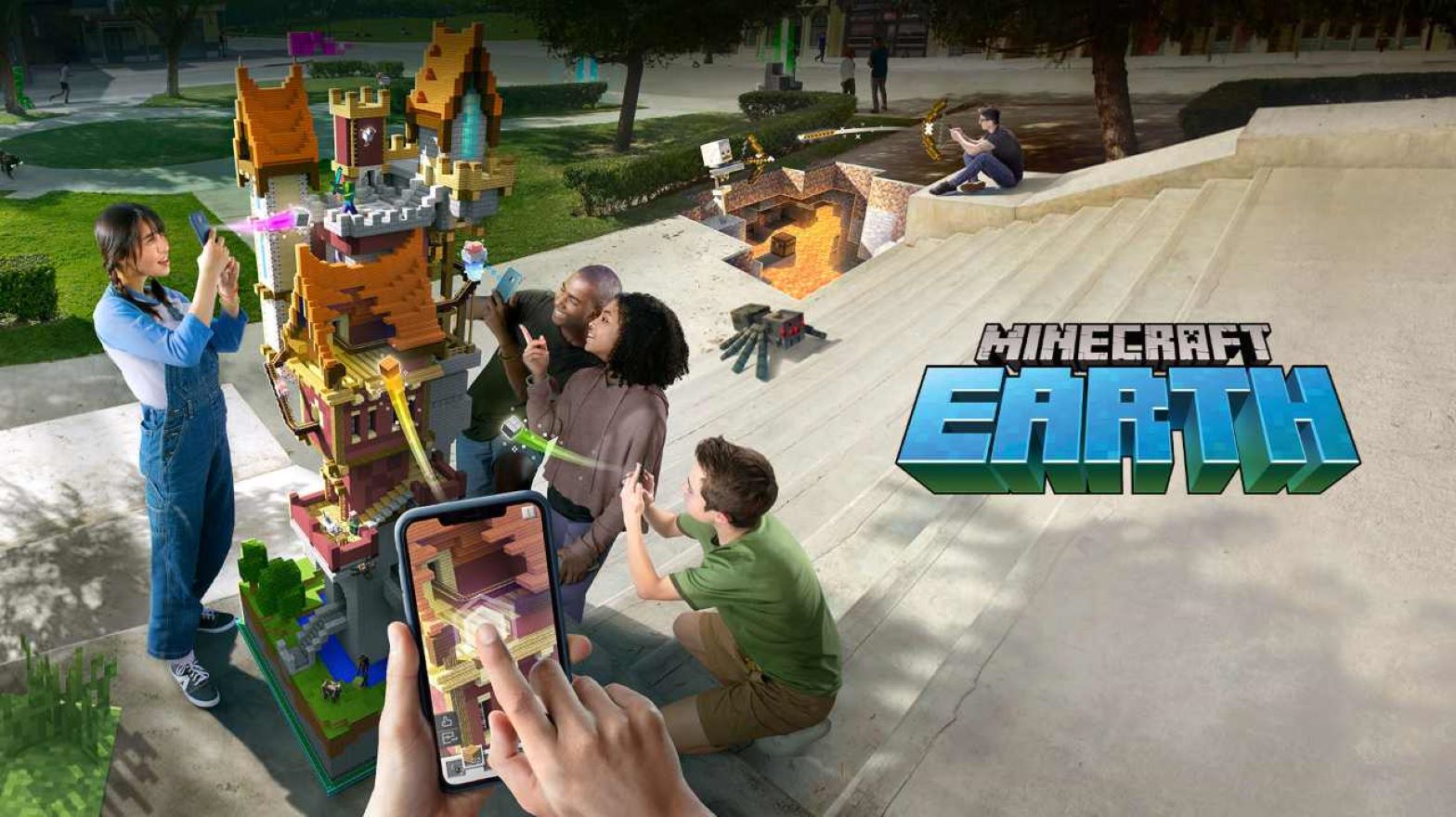 MinecraftEarth hero image. Four teenagers on their phones building a structure in Minecraft Earth
