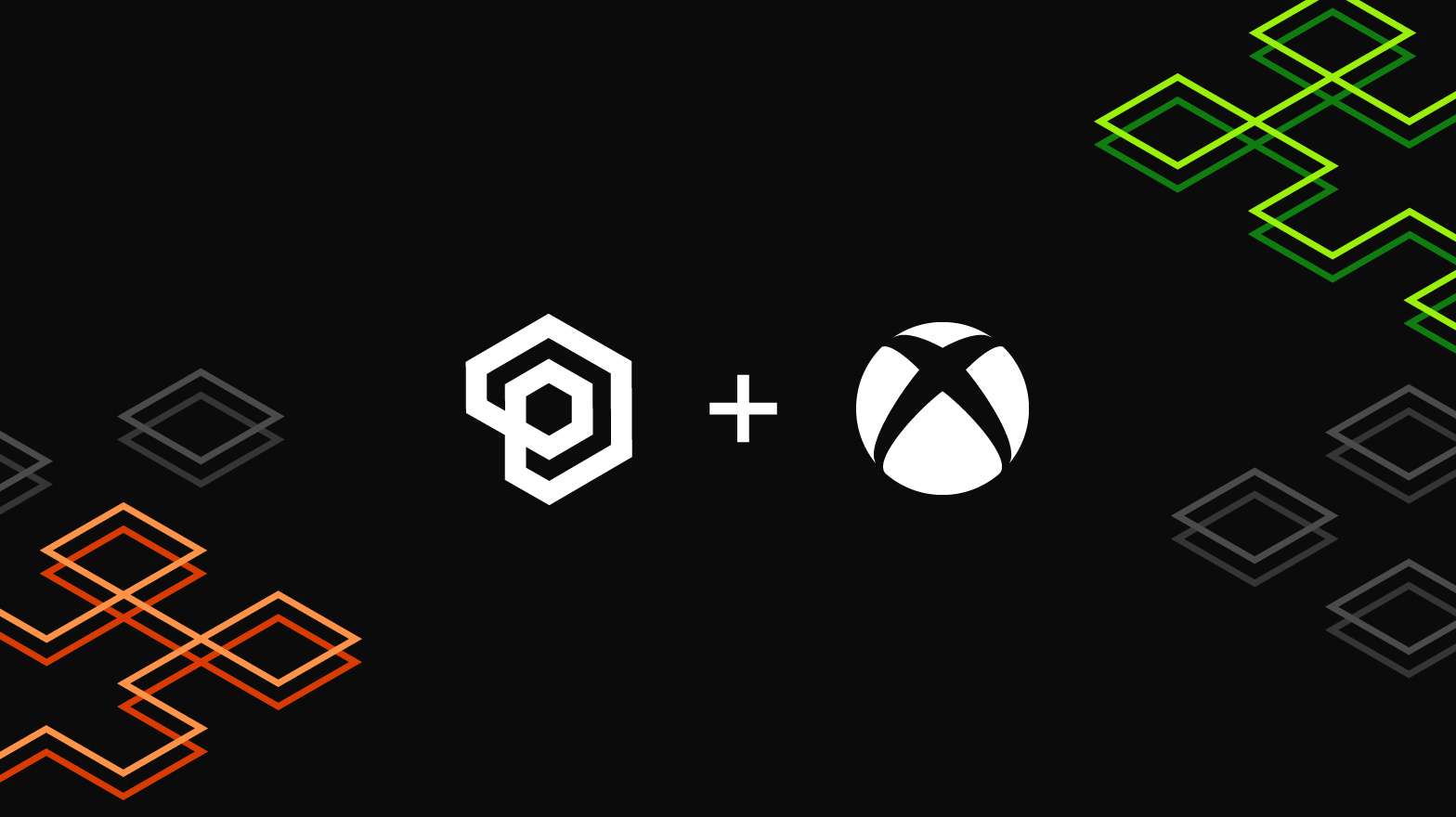 Azure PlayFab and Xbox better together on a grey background with orange and green lines in the bottom left and top right corners