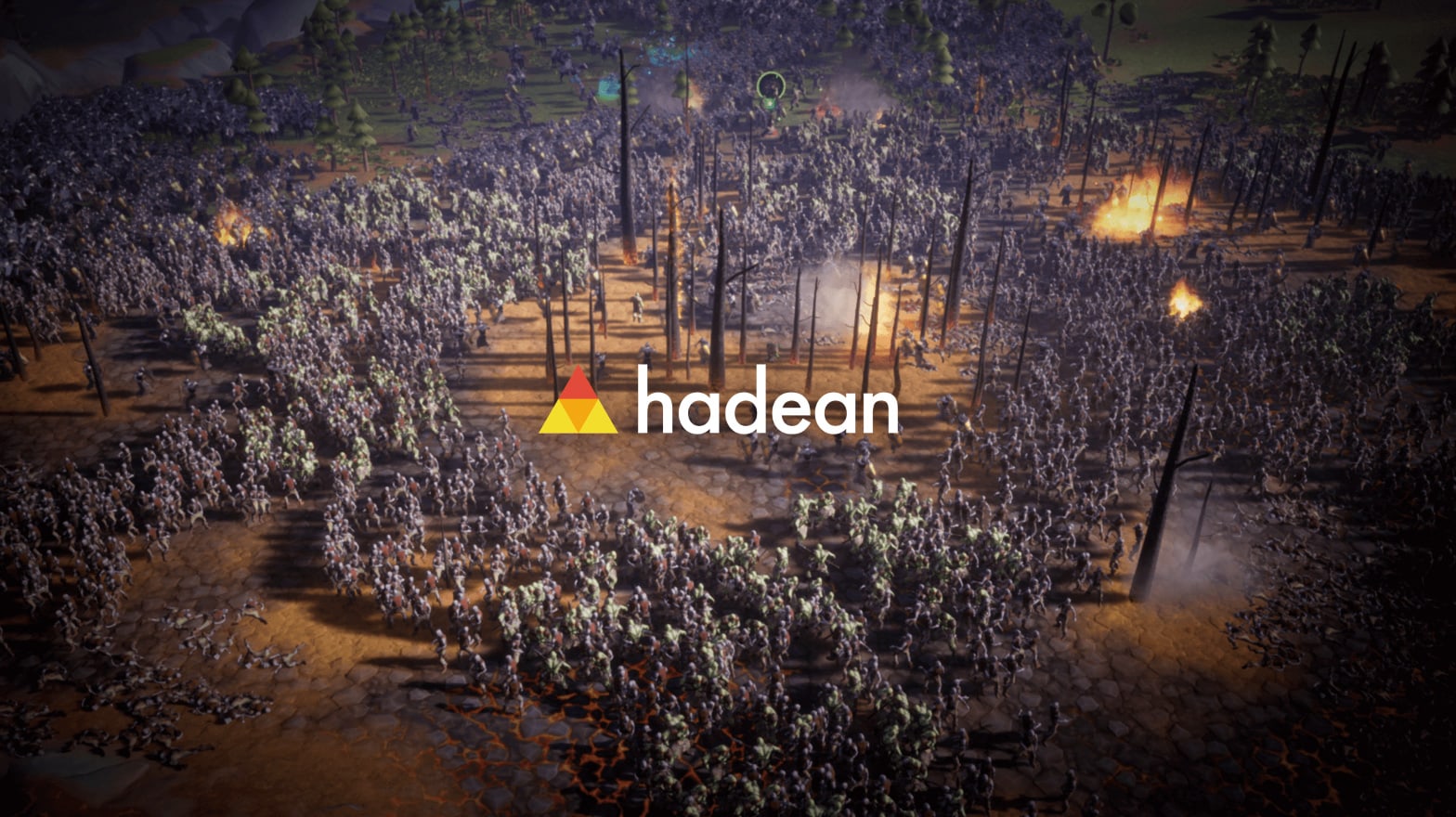 hadean logo on background with a bunch of soldiers on a barren field