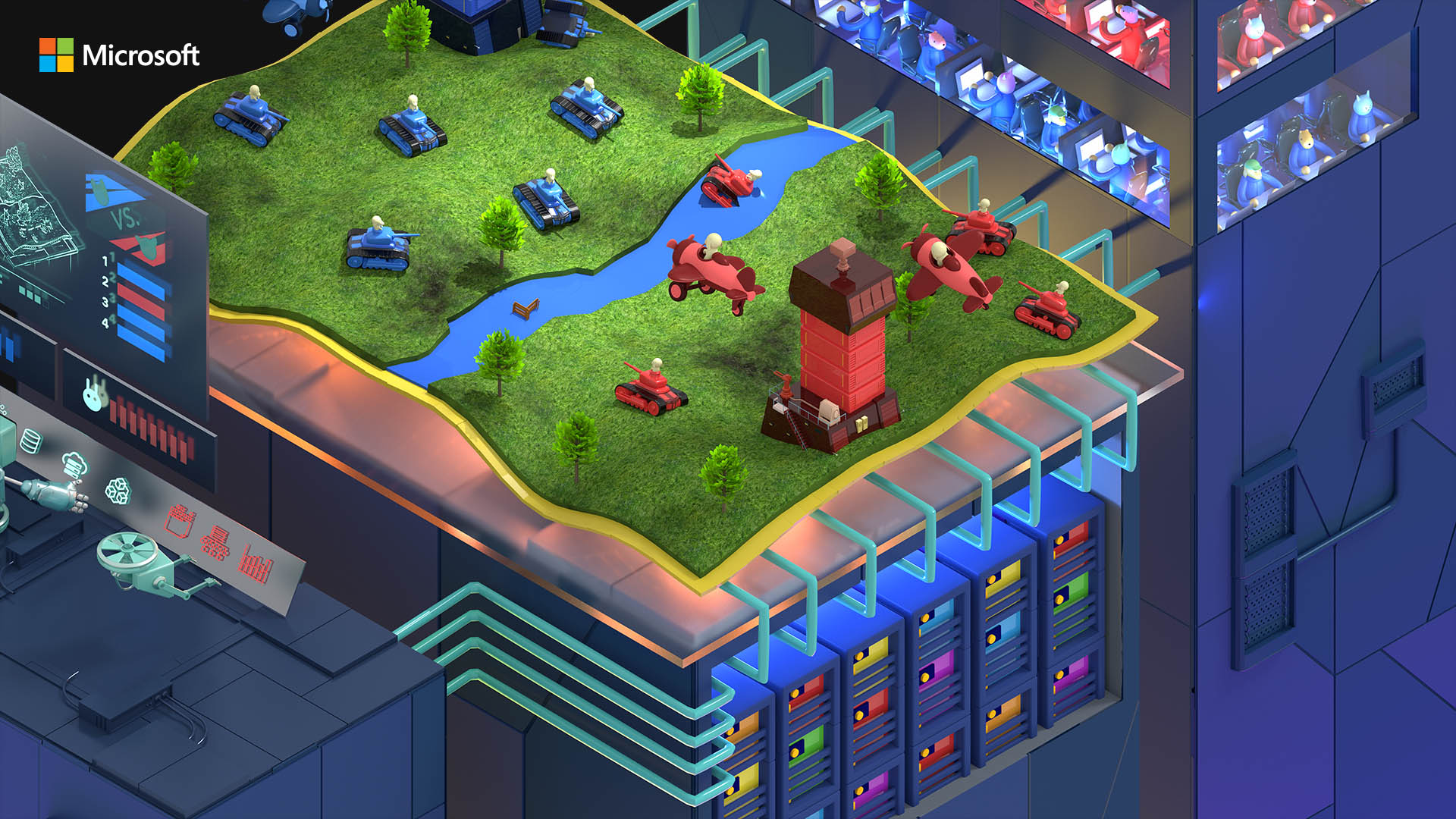 Make believe game art with a green field with blue and red tanks in battle