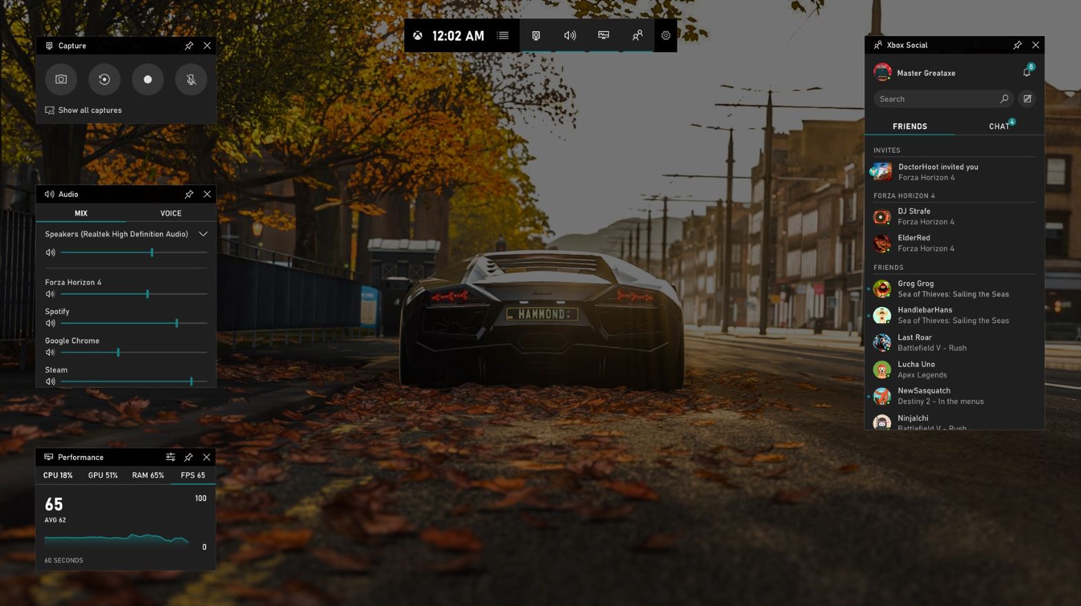 Game Bar overlay over Forza Horizon 4 game image