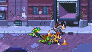 Gameplay from ninja turtles running through purple city streets