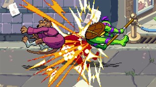 Gameplay from ninja turtles featuring a comic book style explosion
